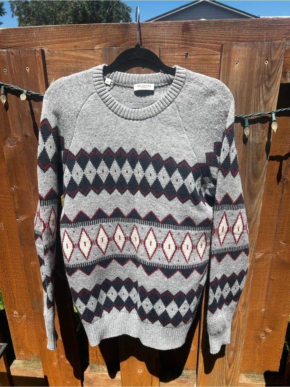 Selected Homme Gray Crewneck Fair Isle Sweater with Burgundy Accents